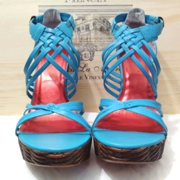 Vintage Diba Barbra Heels Turquoise Strappy Brazilian Leather Woven Design US 8 - Picture 1 of 14